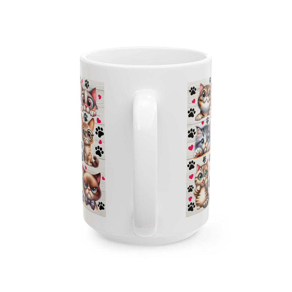 Cute Cartoon Cats Mug | Cute Cat Faces, Paw Prints Pattern Ceramic Mug
