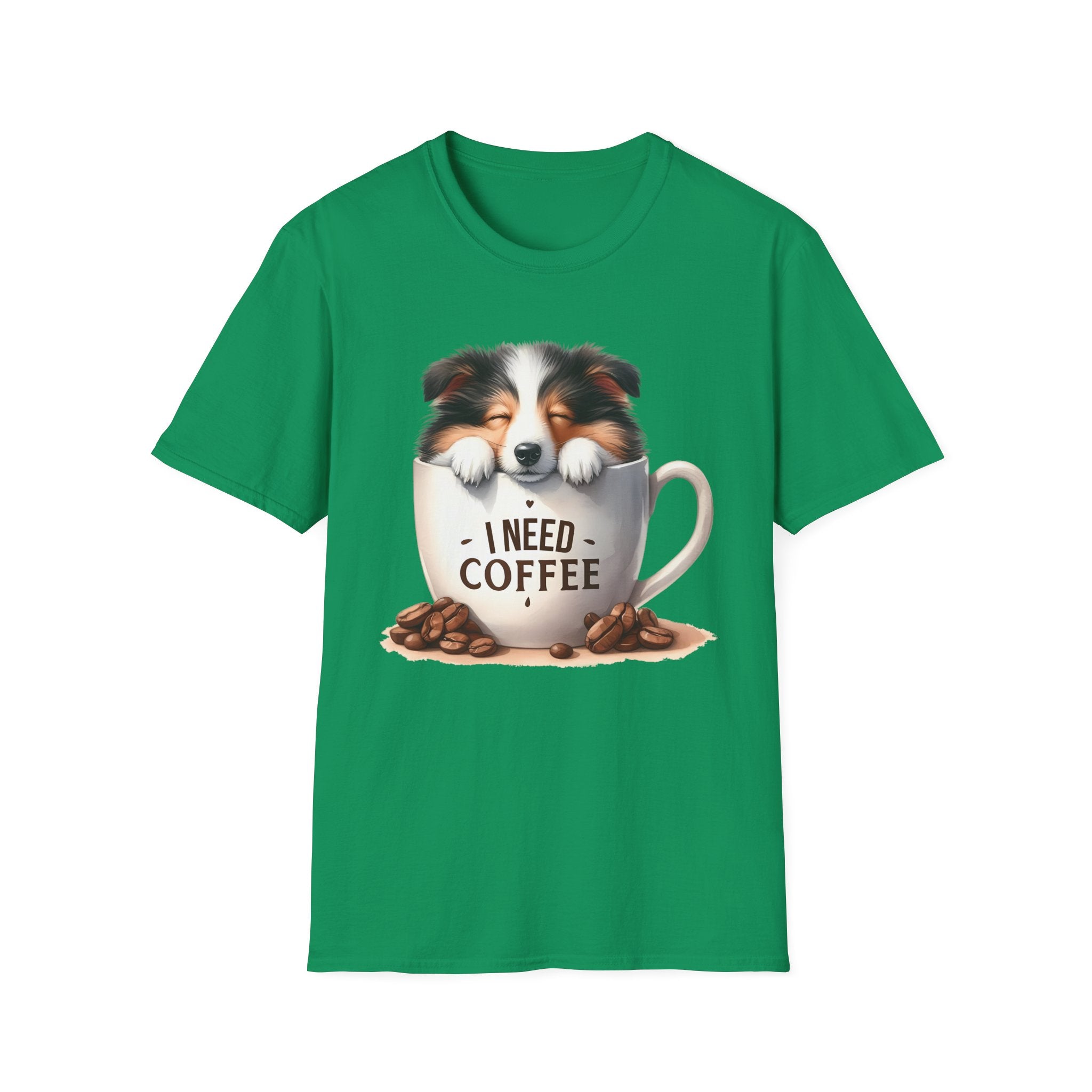 I Need Coffee Dog T-Shirt | Coffee Cup, Shetland Sheepdog Illustration