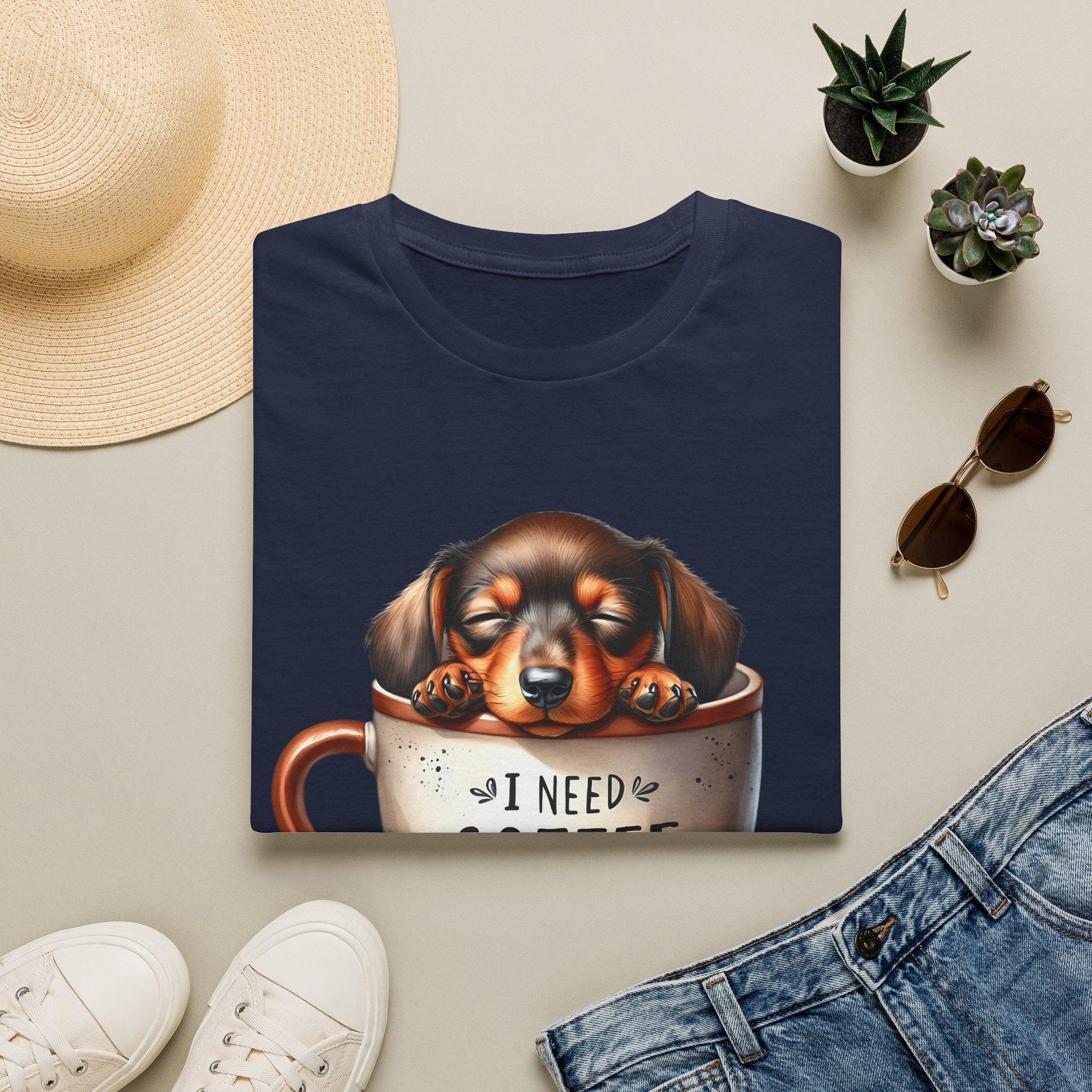 Sleepy Dachshund in Coffee Cup T-Shirt | I Need Coffee, Coffee Beans