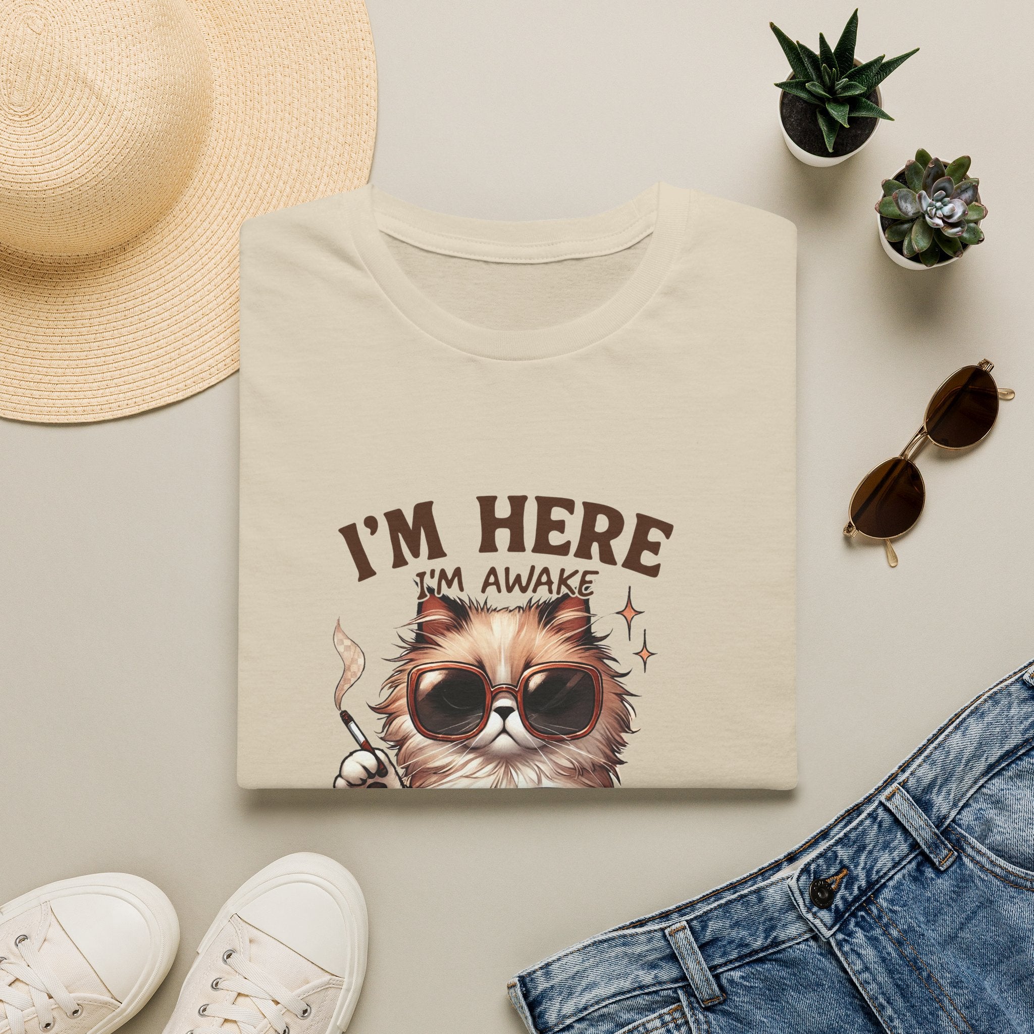 Sunglasses Cat with Coffee I'm Here I'm Awake Don't Push It T-Shirt | Funny Cat Tee