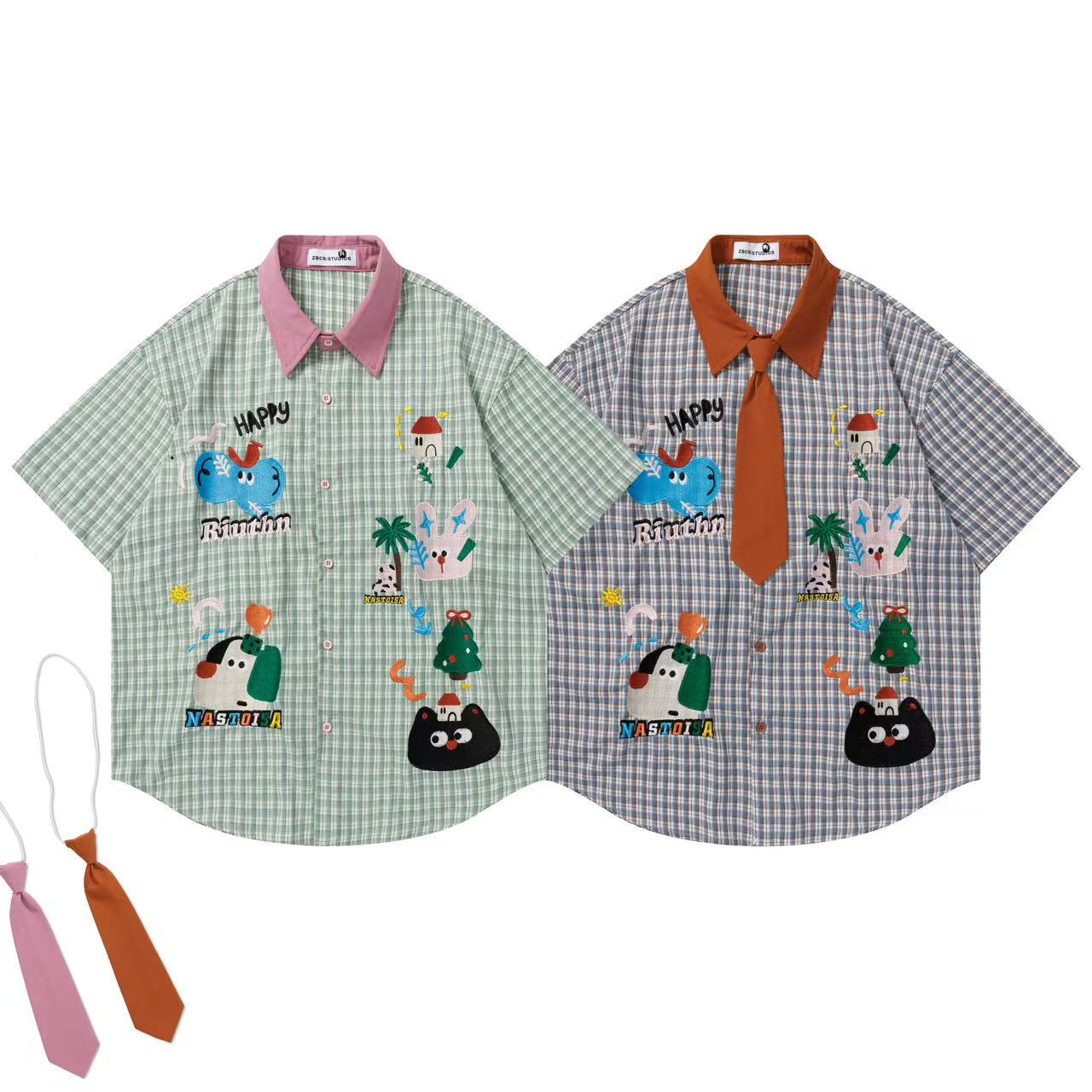 Fun cat and dog embroidered short sleeved shirt
