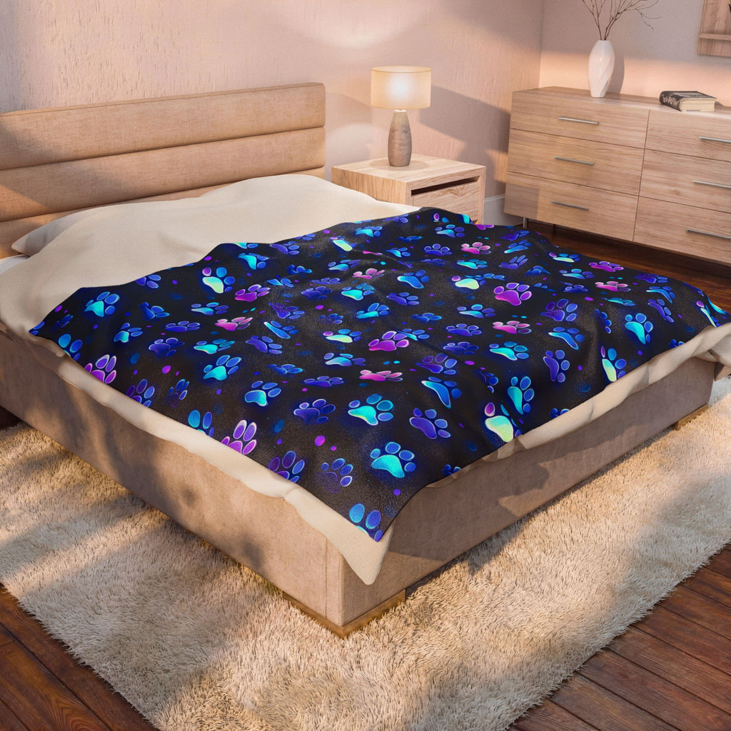Neon Paw Prints Velveteen Plush Blanket | Blue Purple Gradient Paw Pattern