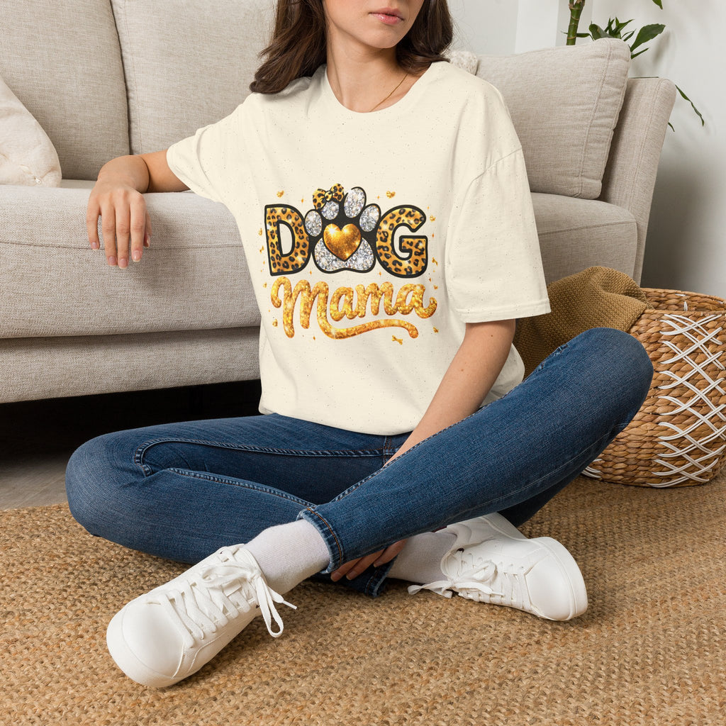 Dog Mama T-Shirt | Leopard Heart Paw Print, Gold Glitter Script