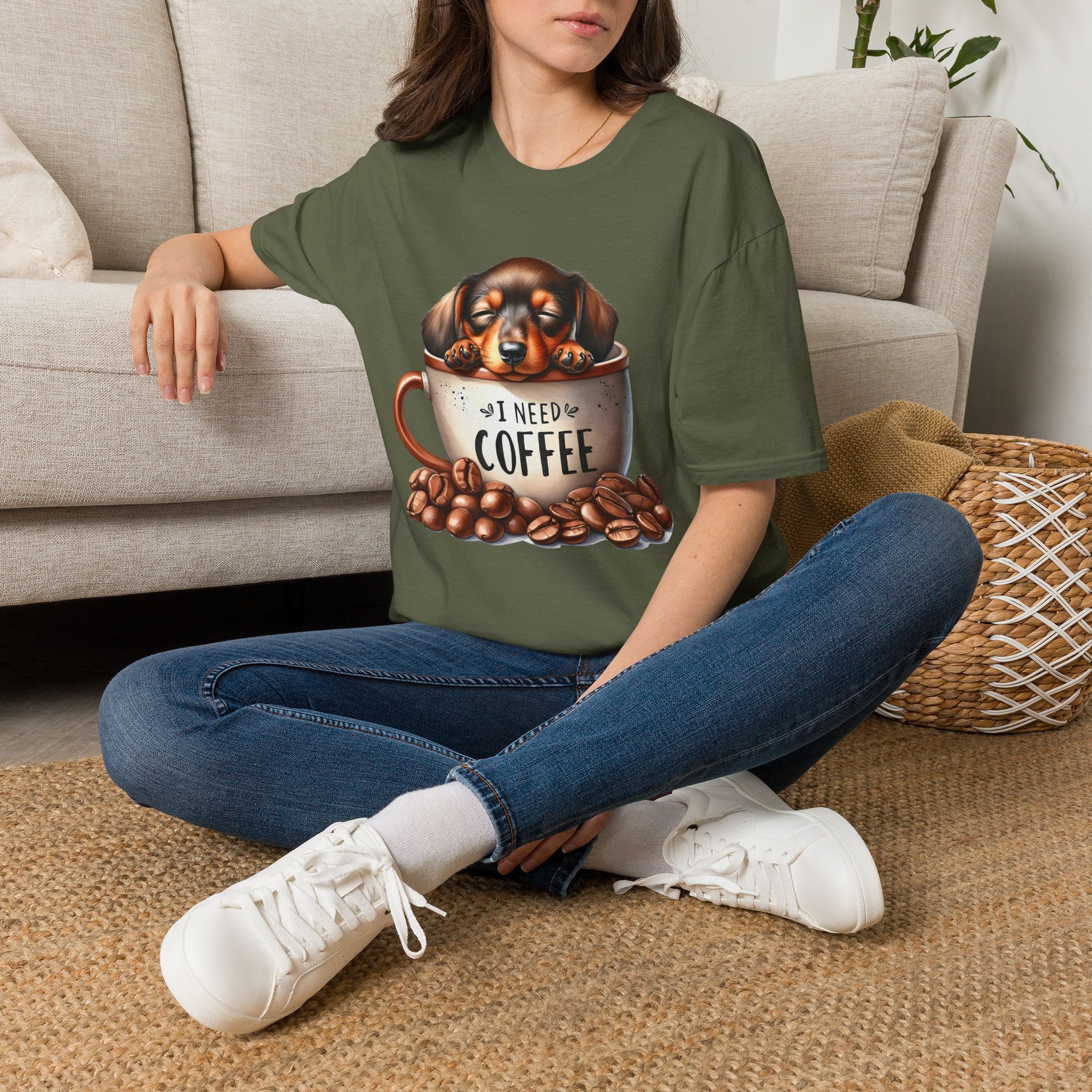Sleepy Dachshund in Coffee Cup T-Shirt | I Need Coffee, Coffee Beans