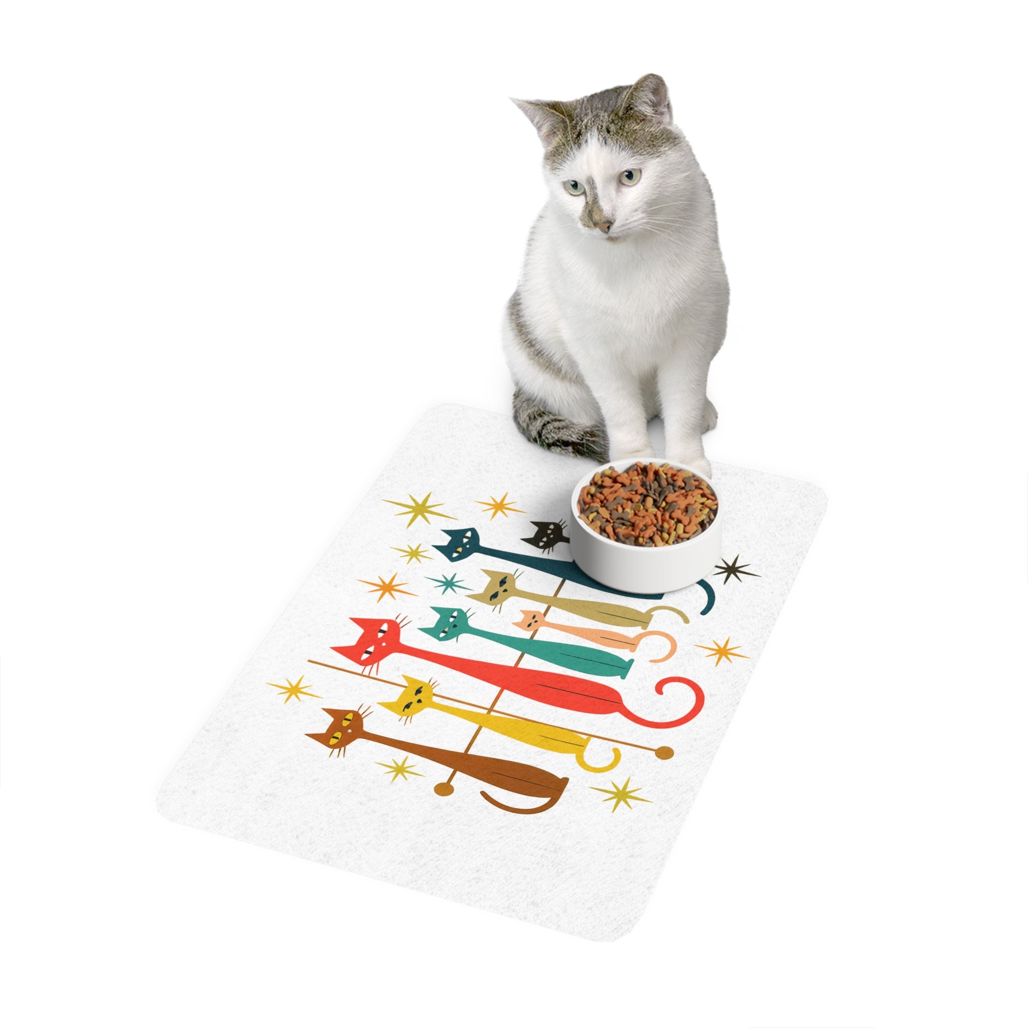 50s 60s  Retro Cats Pet Food Mat | 12x18 Cat Feeding Mat