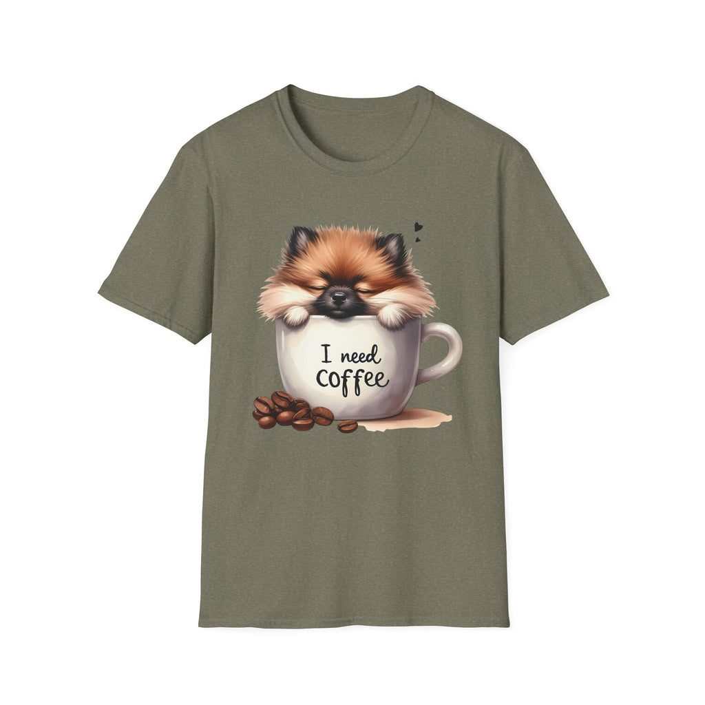 Cute Pomeranian in Coffee Mug T-Shirt | I Need Coffee, Dog Coffee Tee