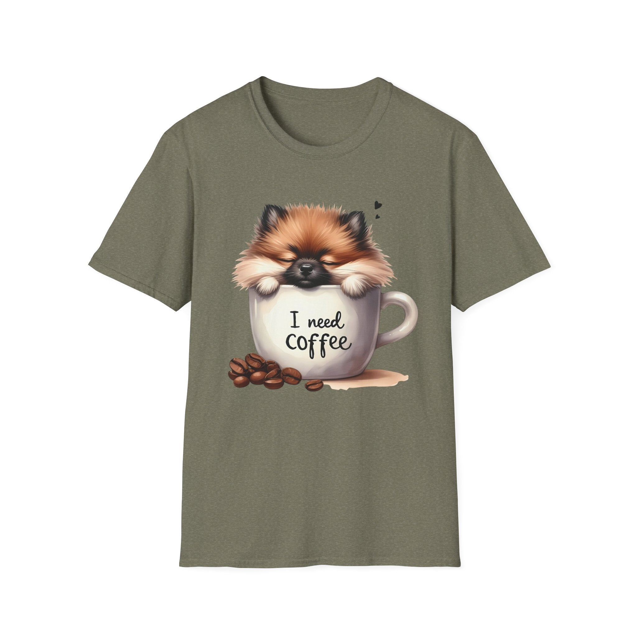Cute Pomeranian in Coffee Mug T-Shirt | I Need Coffee, Dog Coffee Tee
