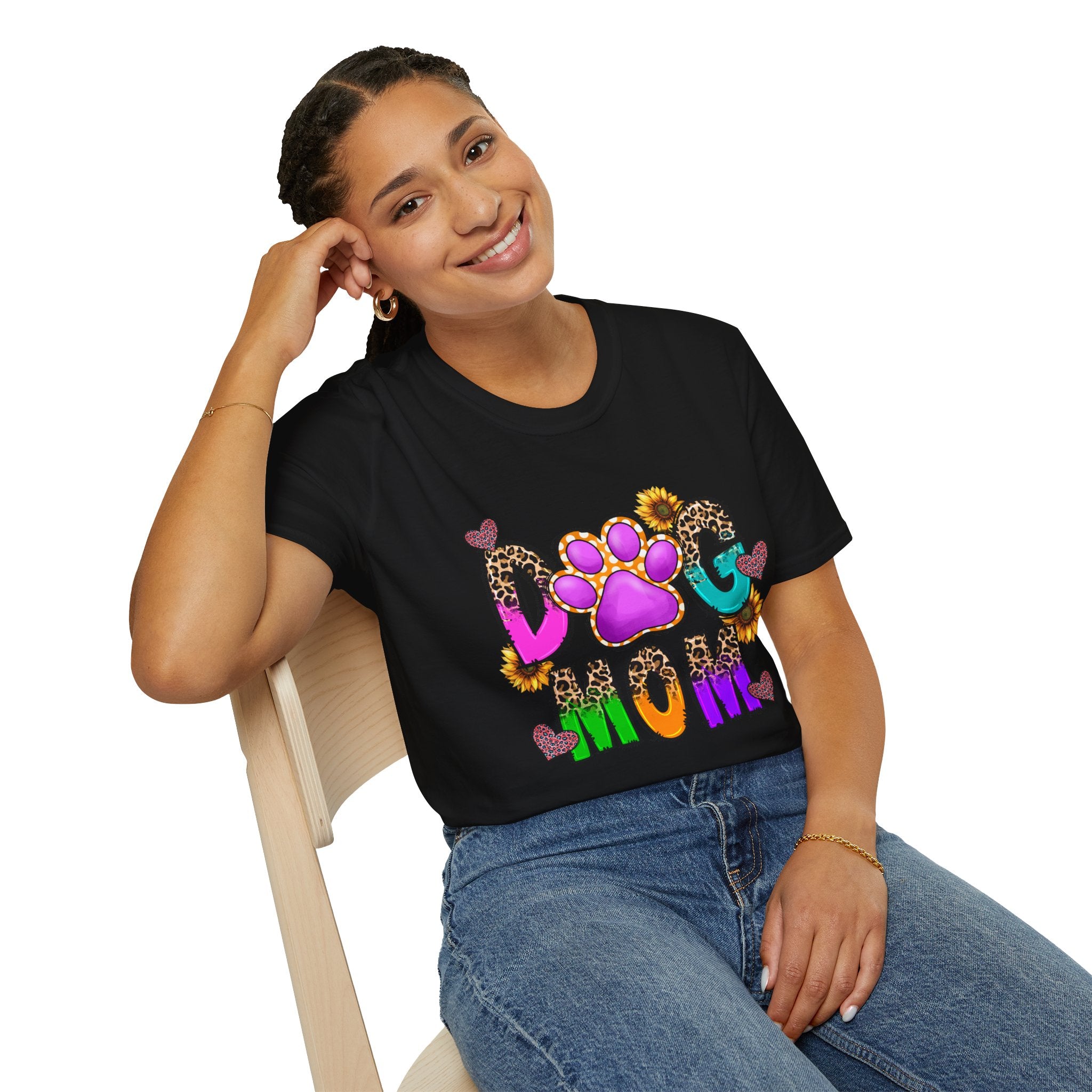 Dog Mom colorful paw print design T-Shirt | leopard hearts sunflower accents