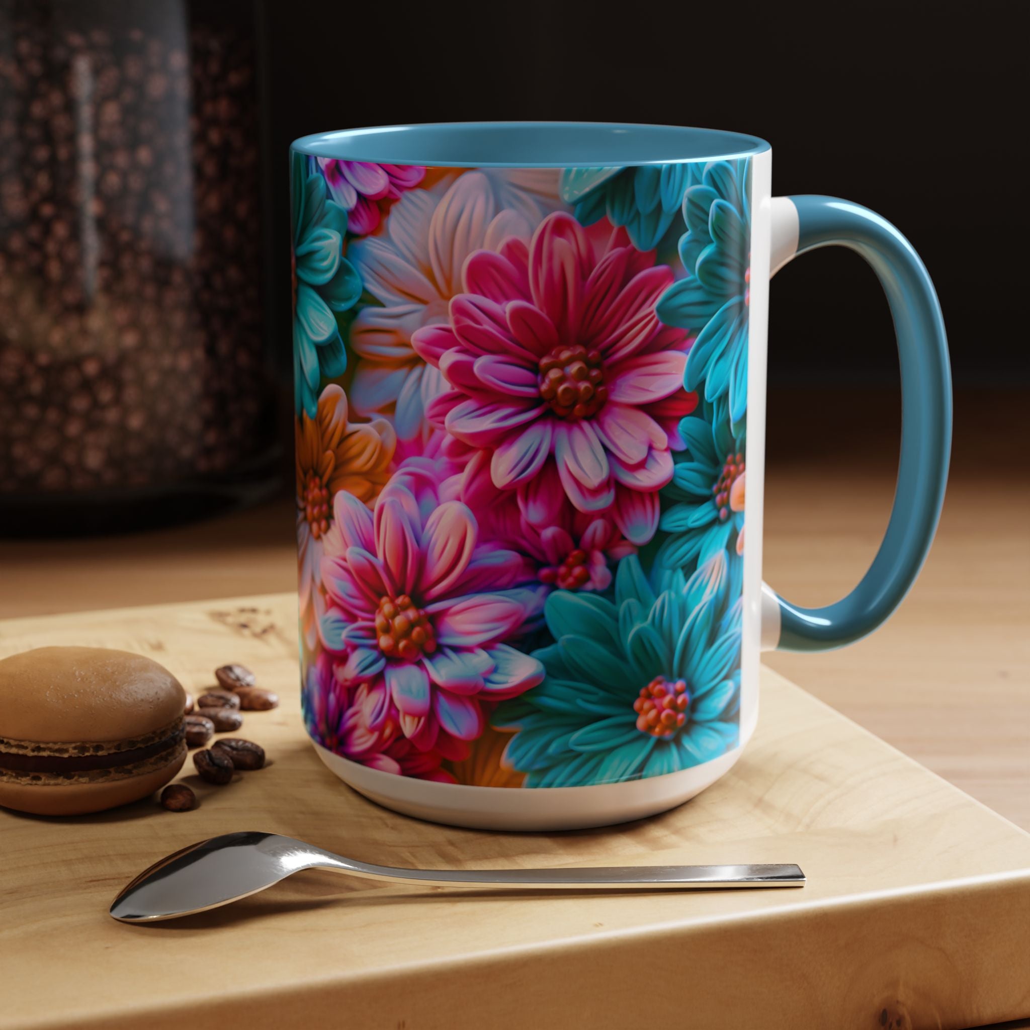 Vibrant Dahlia Floral Accent Mug | 11oz 15oz Ceramic Coffee Mug