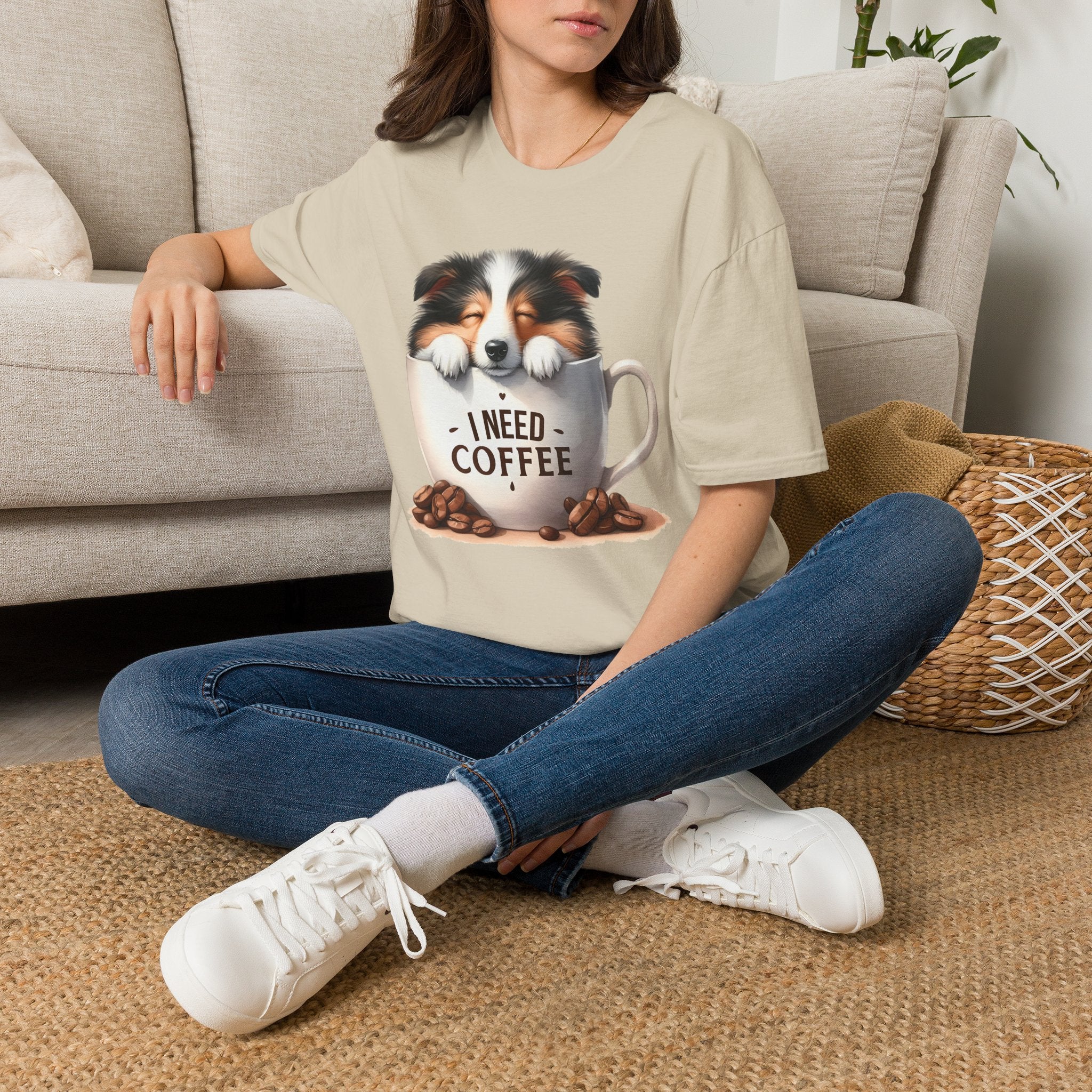 I Need Coffee Dog T-Shirt | Coffee Cup, Shetland Sheepdog Illustration
