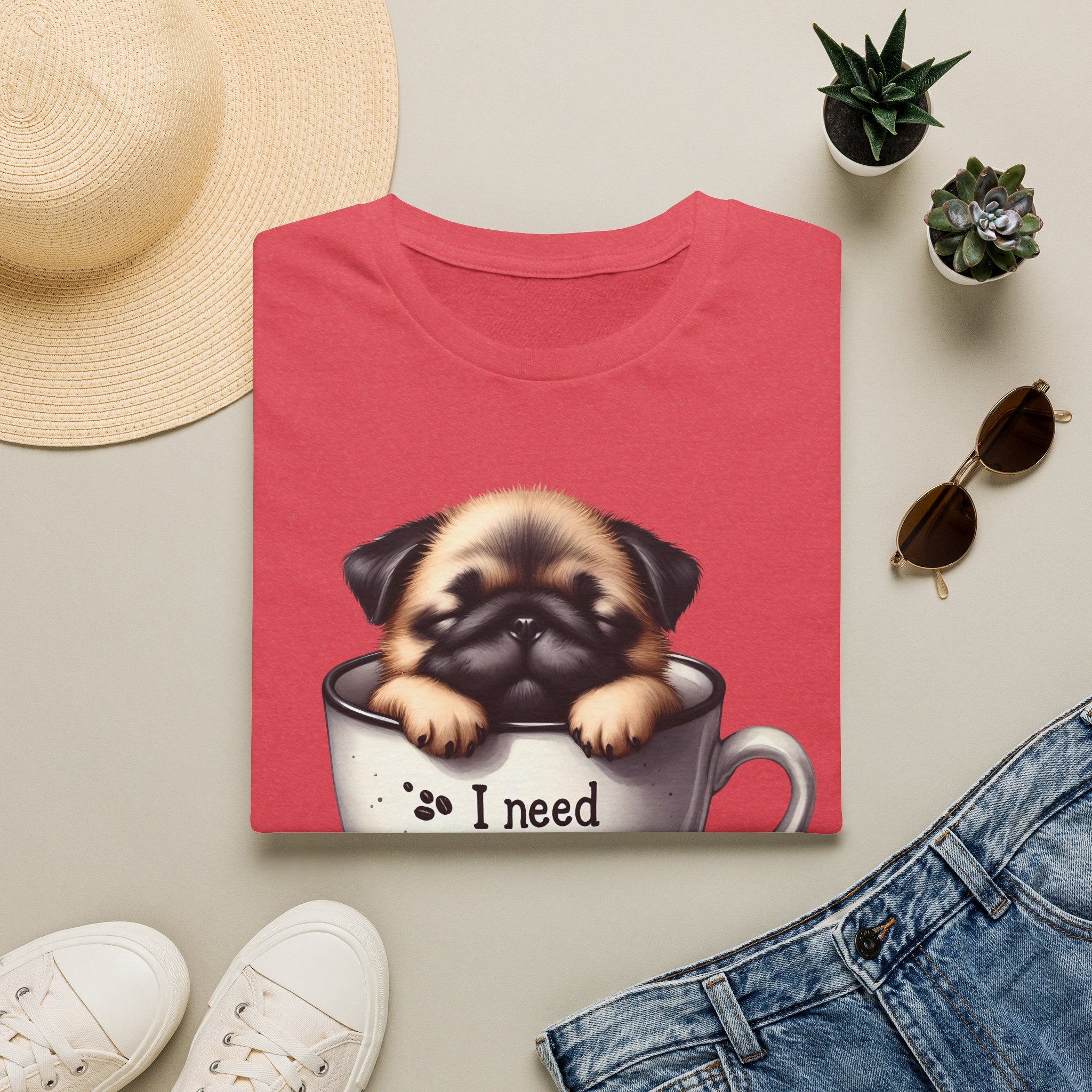Puppy in Coffee Cup I Need Coffee T-Shirt | Cute Pug Coffee Tee