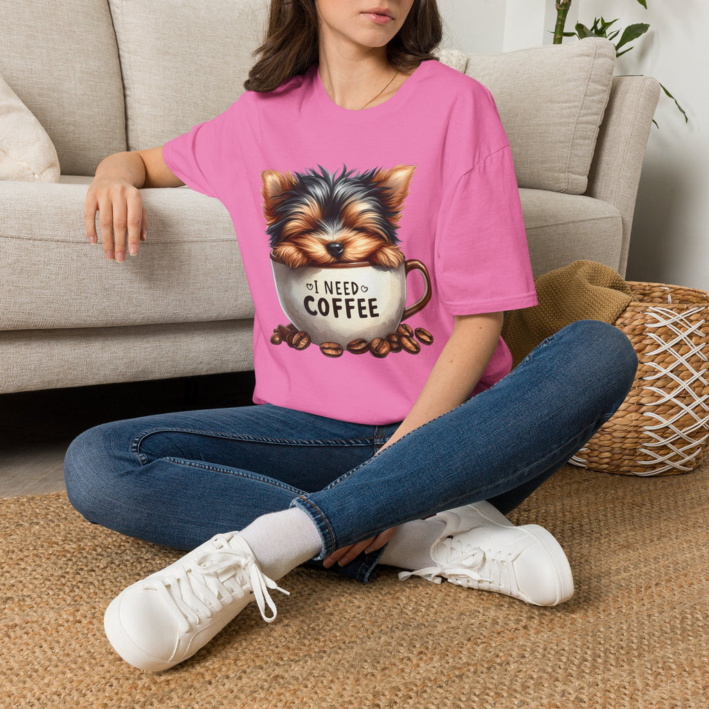 Cute Yorkie in Coffee Cup T-Shirt | I Need Coffee Puppy Graphic Tee