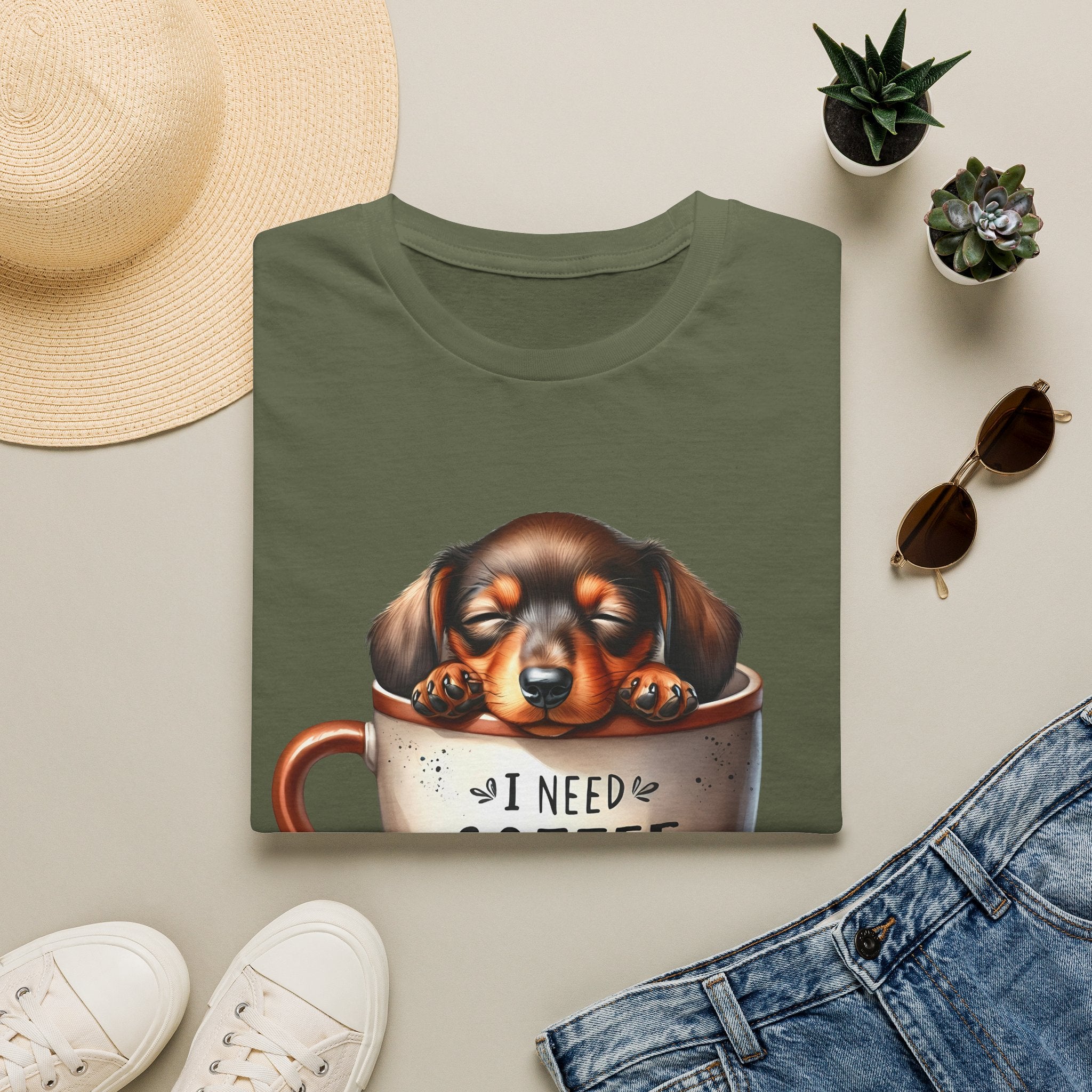 Sleepy Dachshund in Coffee Cup T-Shirt | I Need Coffee, Coffee Beans