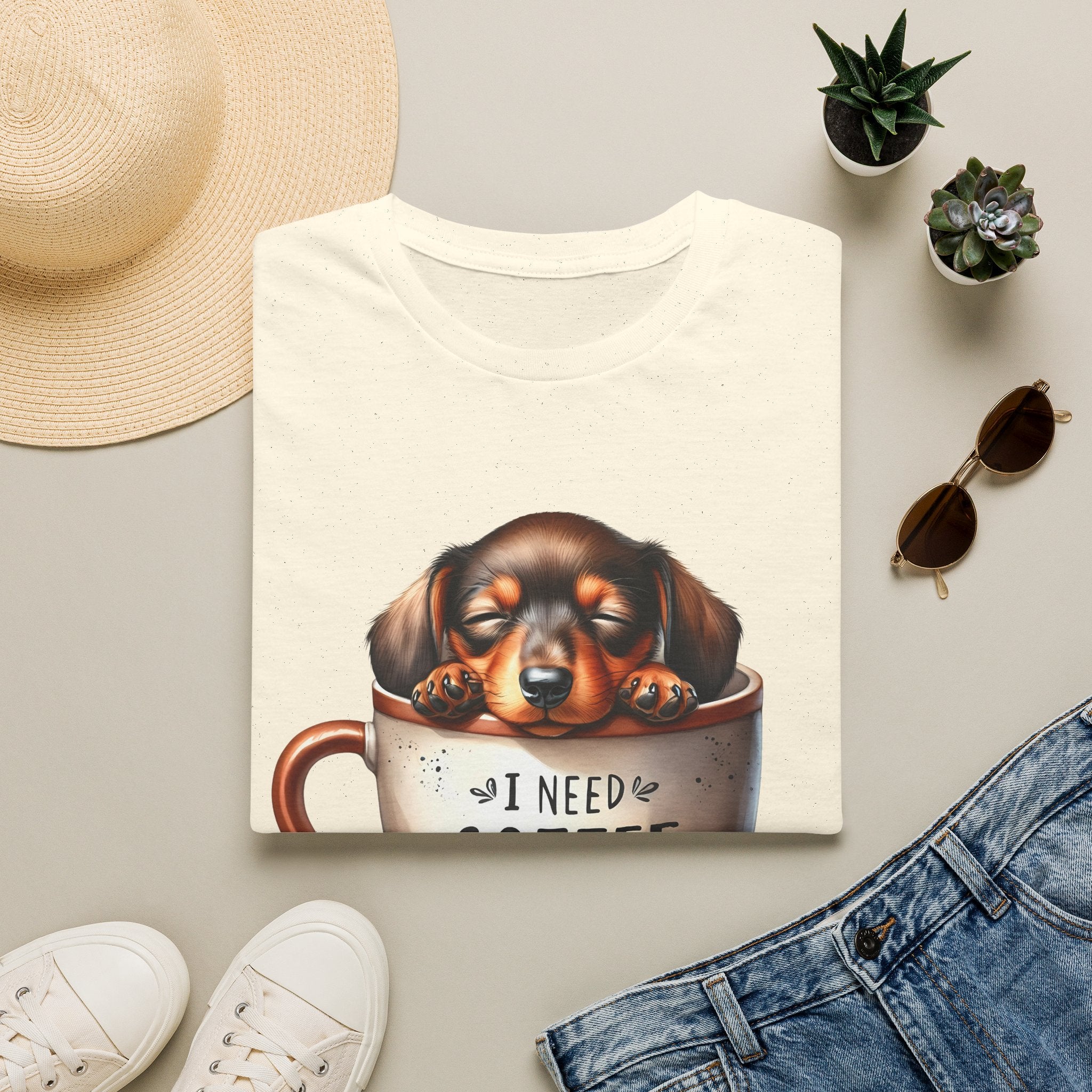 Sleepy Dachshund in Coffee Cup T-Shirt | I Need Coffee, Coffee Beans