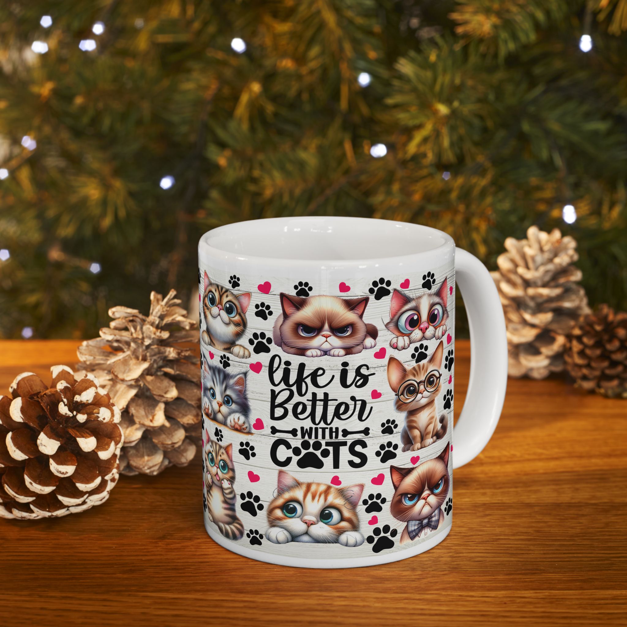 Cute Cartoon Cats Mug | Cute Cat Faces, Paw Prints Pattern Ceramic Mug