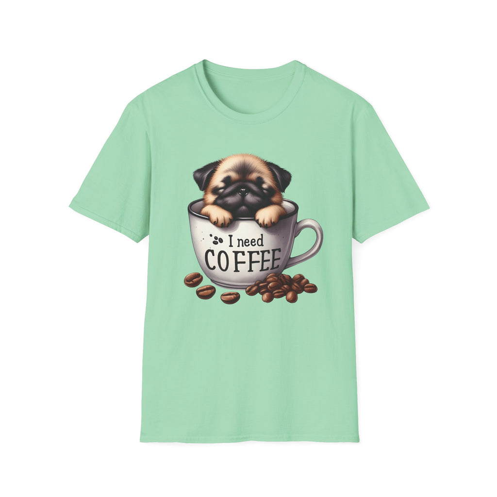 Puppy in Coffee Cup I Need Coffee T-Shirt | Cute Pug Coffee Tee