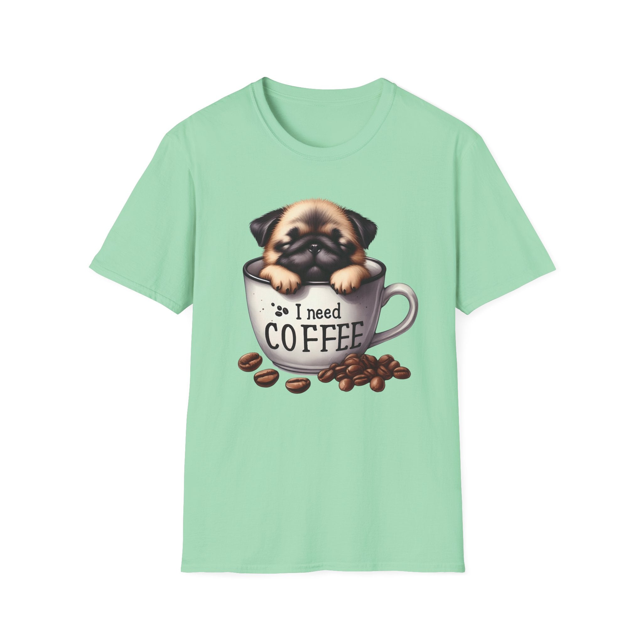 Puppy in Coffee Cup I Need Coffee T-Shirt | Cute Pug Coffee Tee
