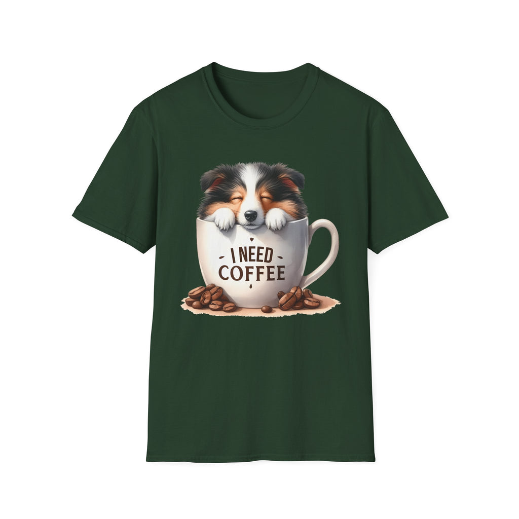 I Need Coffee Dog T-Shirt | Coffee Cup, Shetland Sheepdog Illustration
