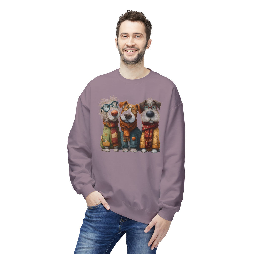 Three Cartoon Dogs in Scarves Sweatshirt | Cute Winter Pup Trio
