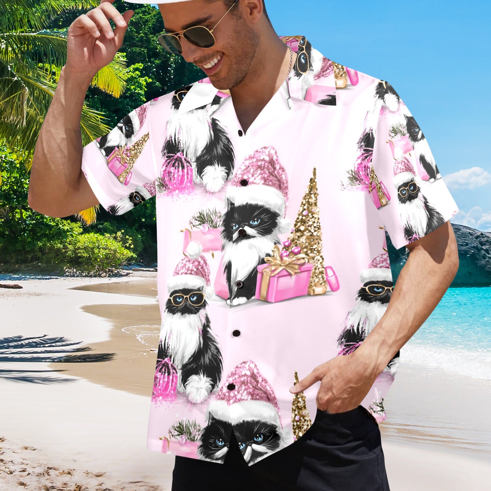 Men's All Over Print Christmas Cats Shirt Made In USA