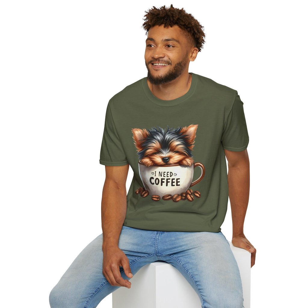 Cute Yorkie in Coffee Cup T-Shirt | I Need Coffee Puppy Graphic Tee