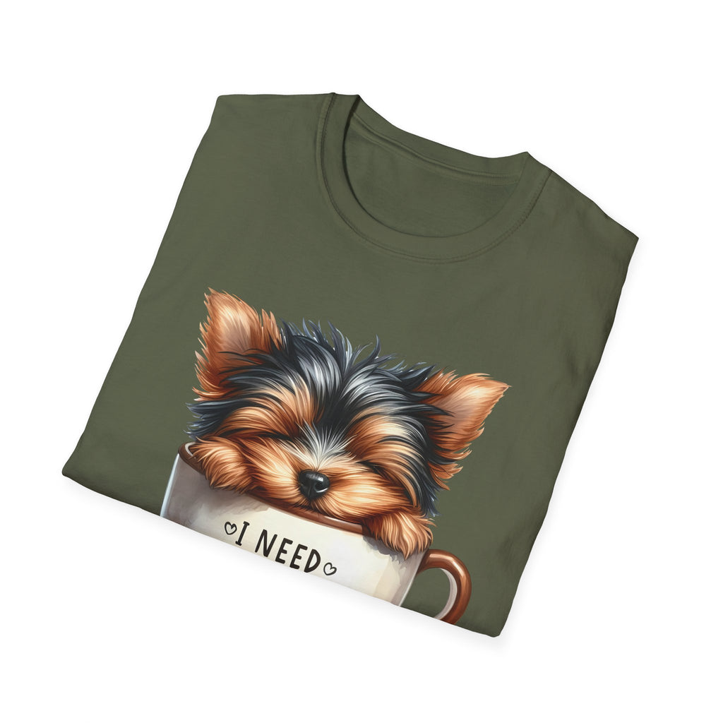 Cute Yorkie in Coffee Cup T-Shirt | I Need Coffee Puppy Graphic Tee