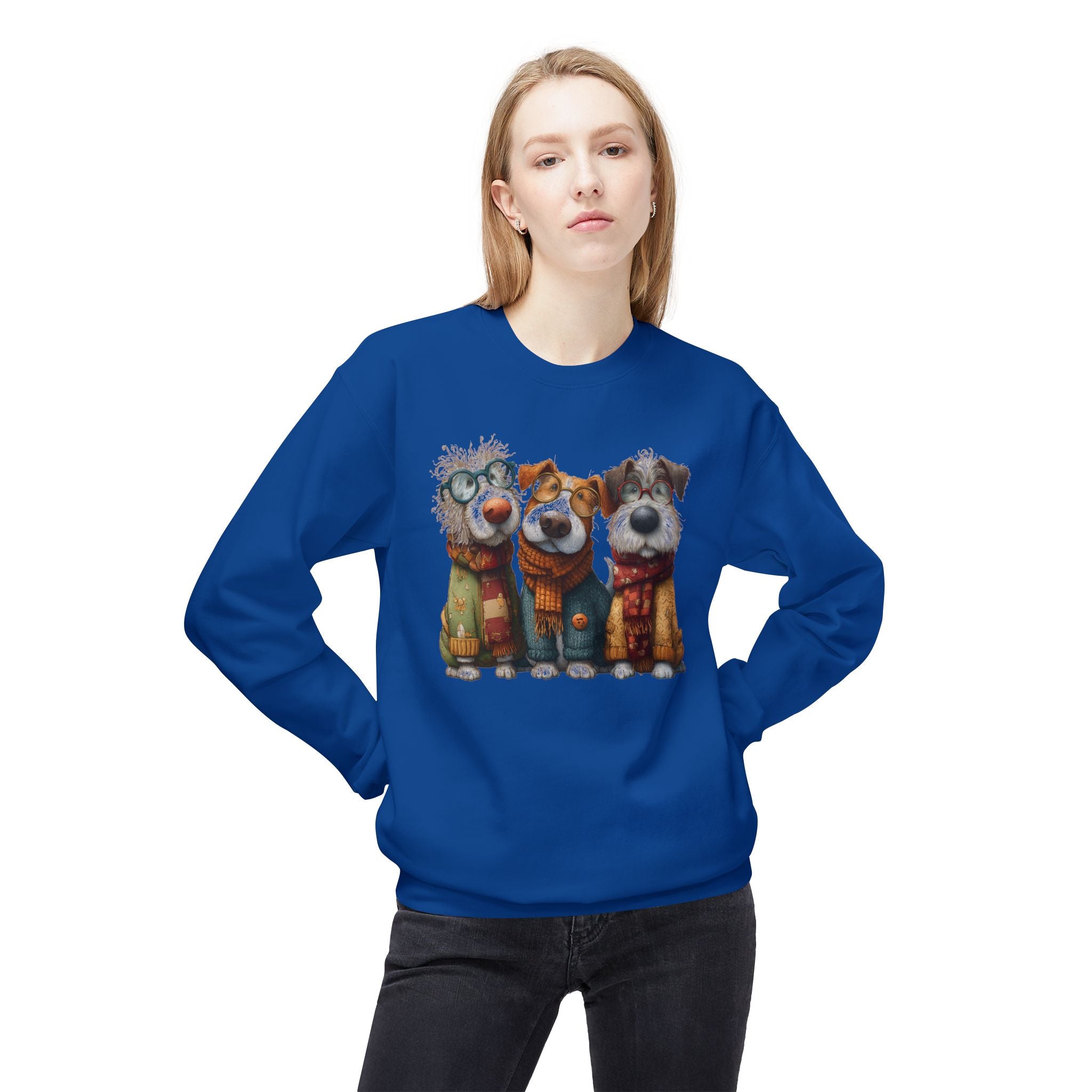 Three Cartoon Dogs in Scarves Sweatshirt | Cute Winter Pup Trio