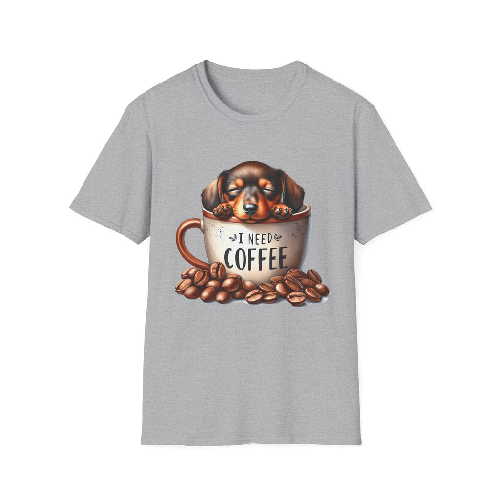 Sleepy Dachshund in Coffee Cup T-Shirt | I Need Coffee, Coffee Beans