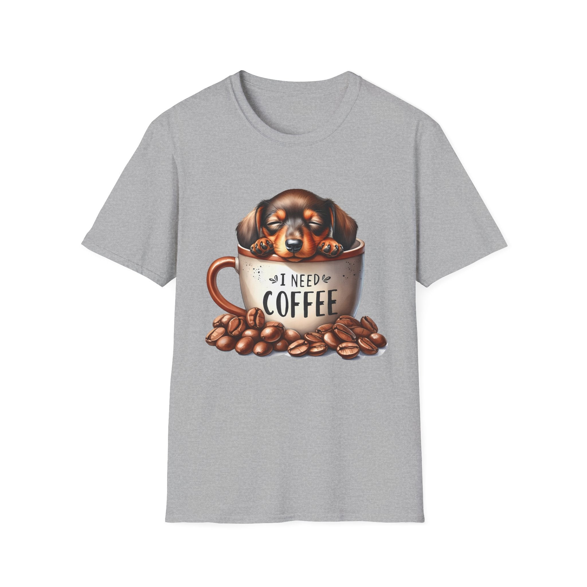 Sleepy Dachshund in Coffee Cup T-Shirt | I Need Coffee, Coffee Beans