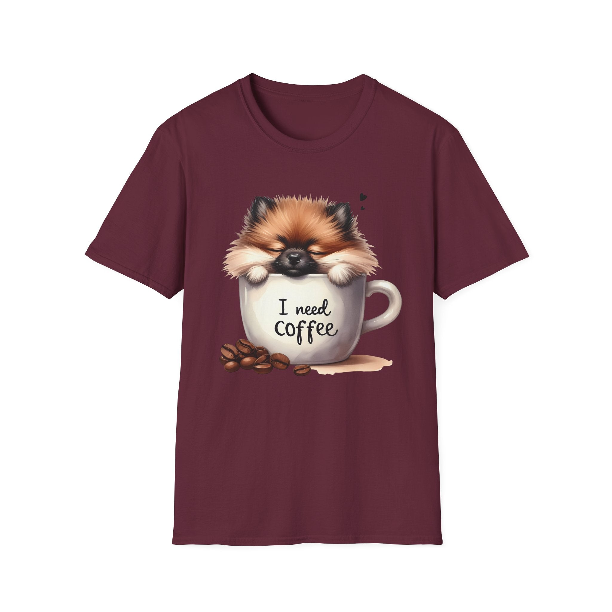 Cute Pomeranian in Coffee Mug T-Shirt | I Need Coffee, Dog Coffee Tee