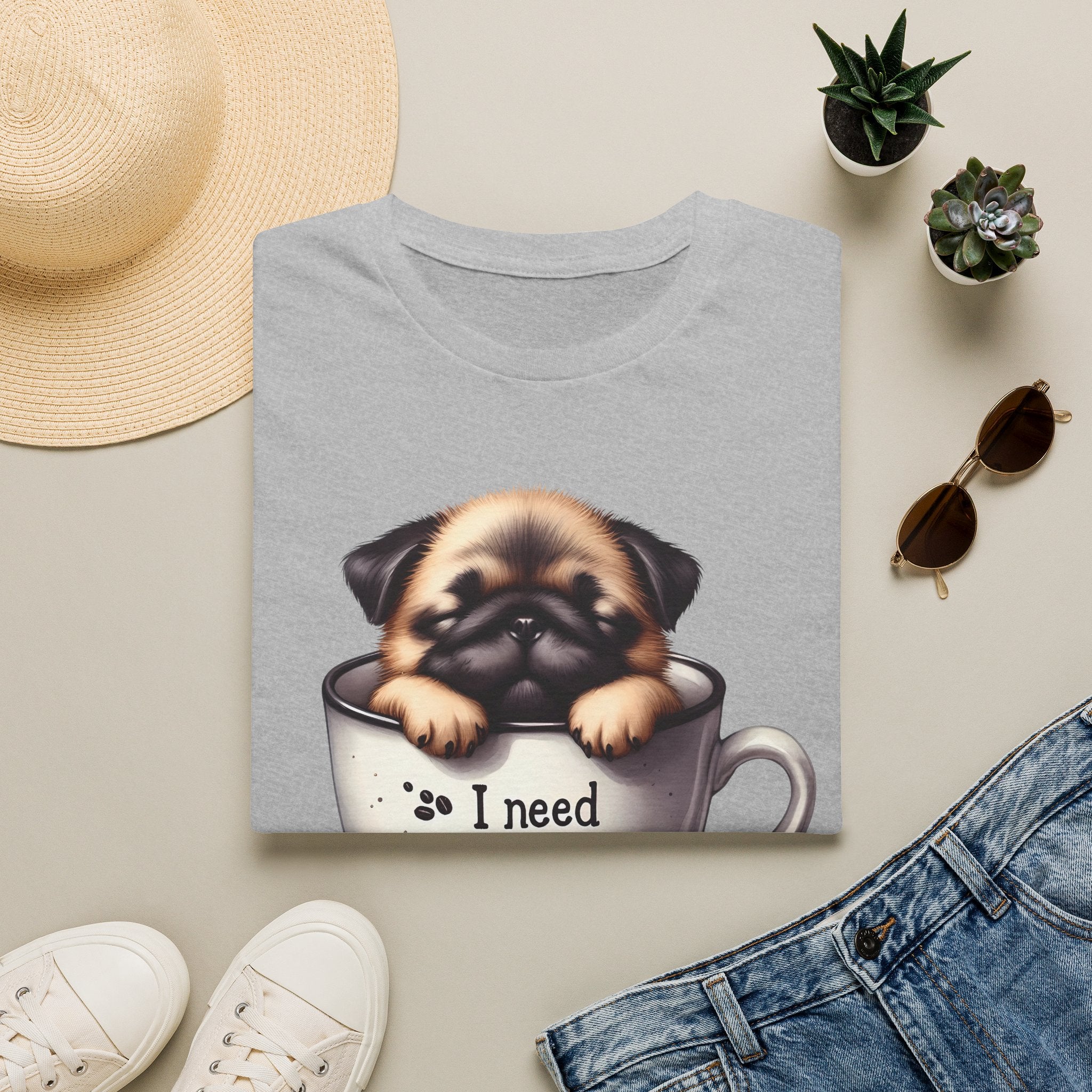 Puppy in Coffee Cup I Need Coffee T-Shirt | Cute Pug Coffee Tee
