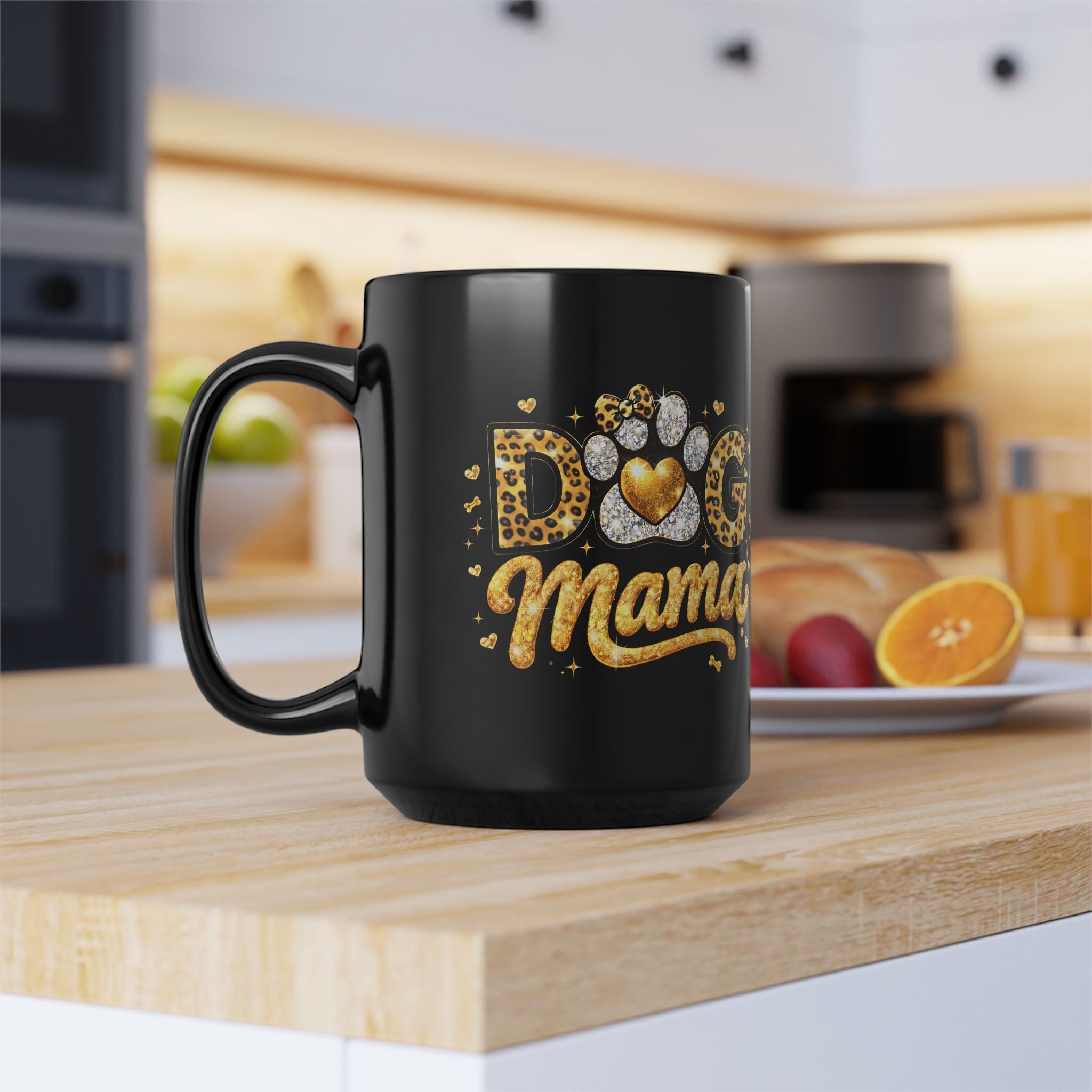 Dog Mama Black Mug | Paw Print Leopard Heart Design