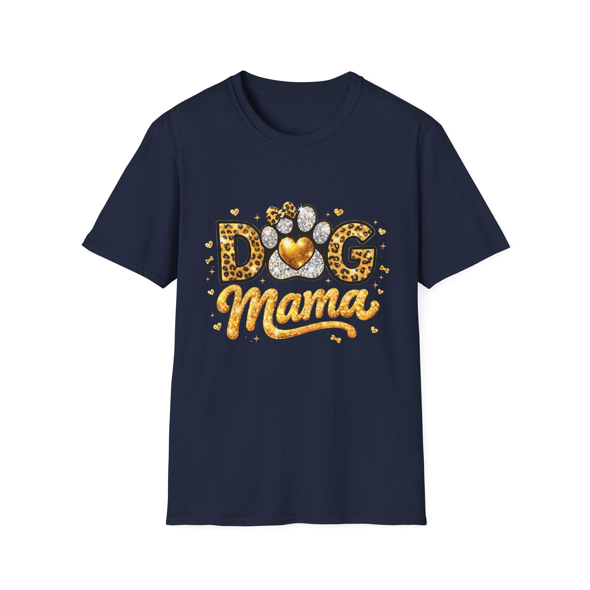 Dog Mama T-Shirt | Leopard Heart Paw Print, Gold Glitter Script