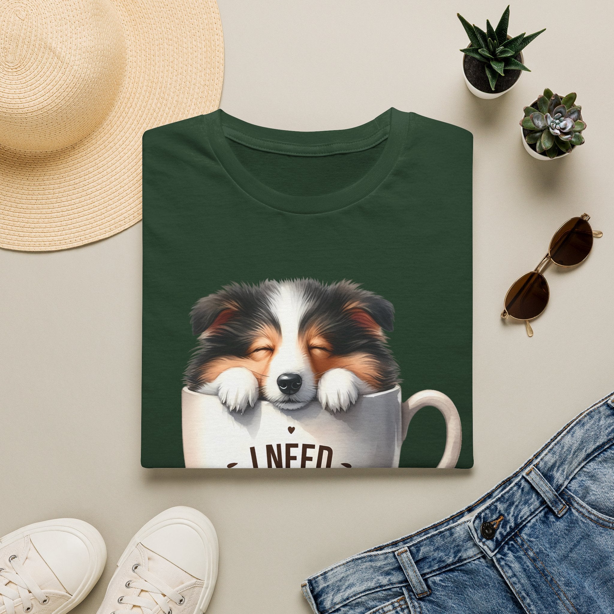 I Need Coffee Dog T-Shirt | Coffee Cup, Shetland Sheepdog Illustration