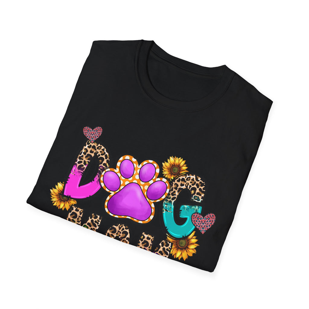 Dog Mom colorful paw print design T-Shirt | leopard hearts sunflower accents