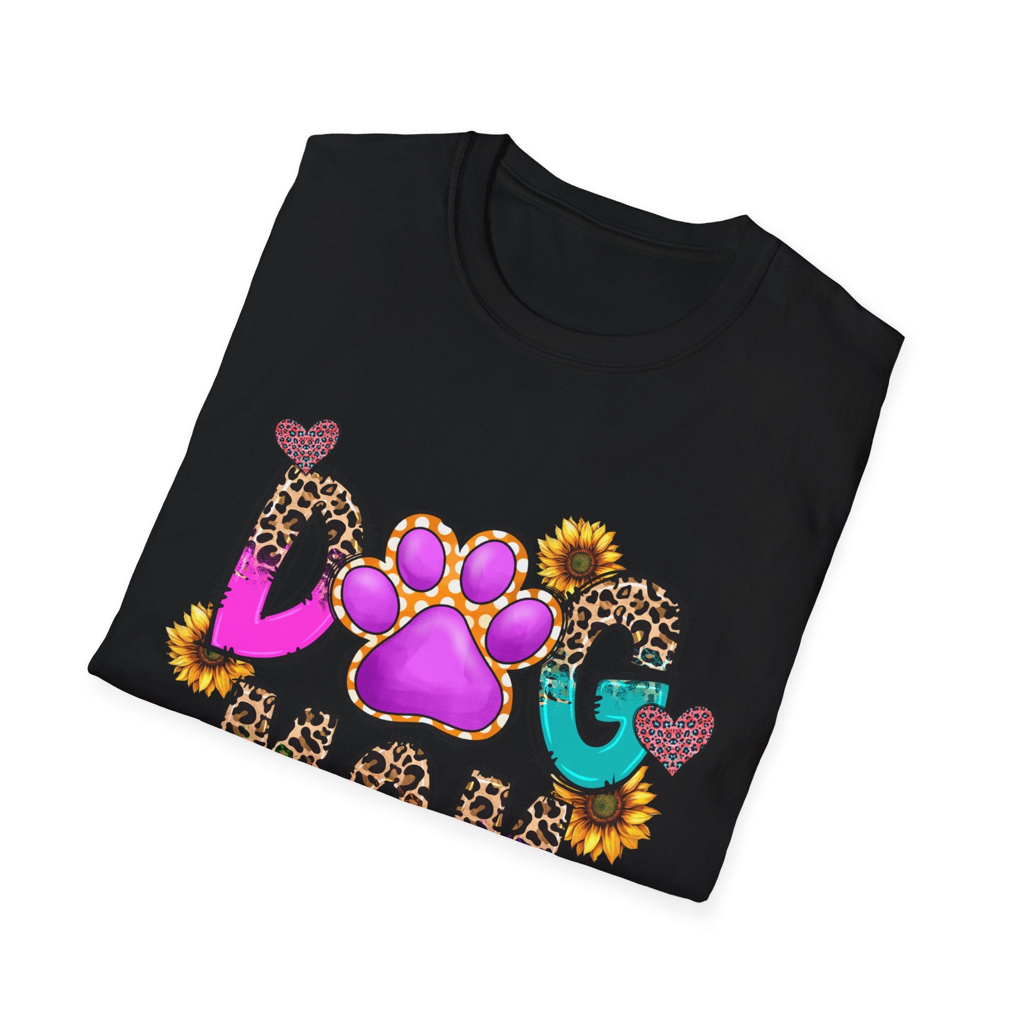 Dog Mom colorful paw print design T-Shirt | leopard hearts sunflower accents