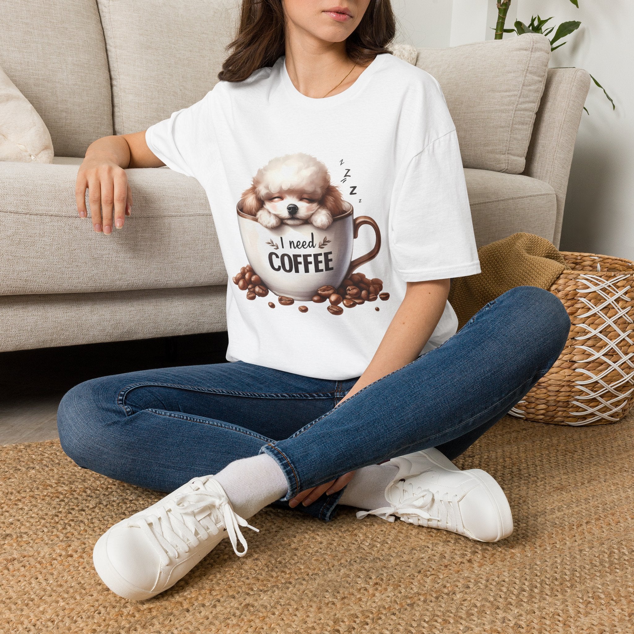 Sleeping Puppy in Coffee Cup T-Shirt | I Need Coffee Dog Design