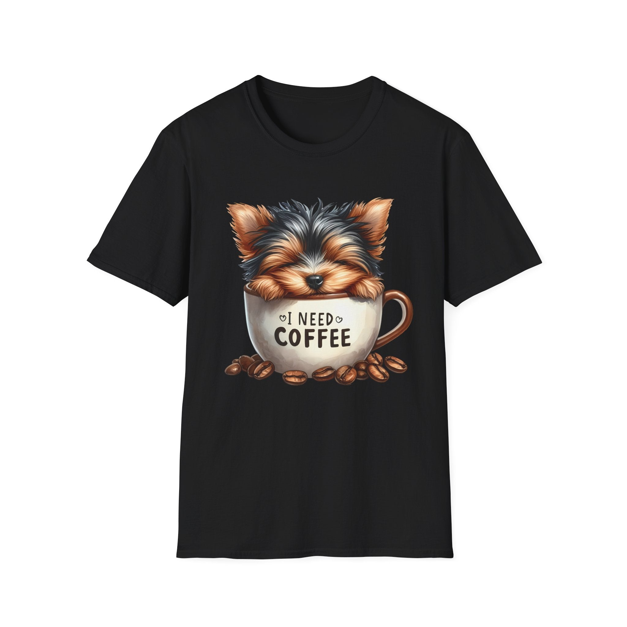 Cute Yorkie in Coffee Cup T-Shirt | I Need Coffee Puppy Graphic Tee
