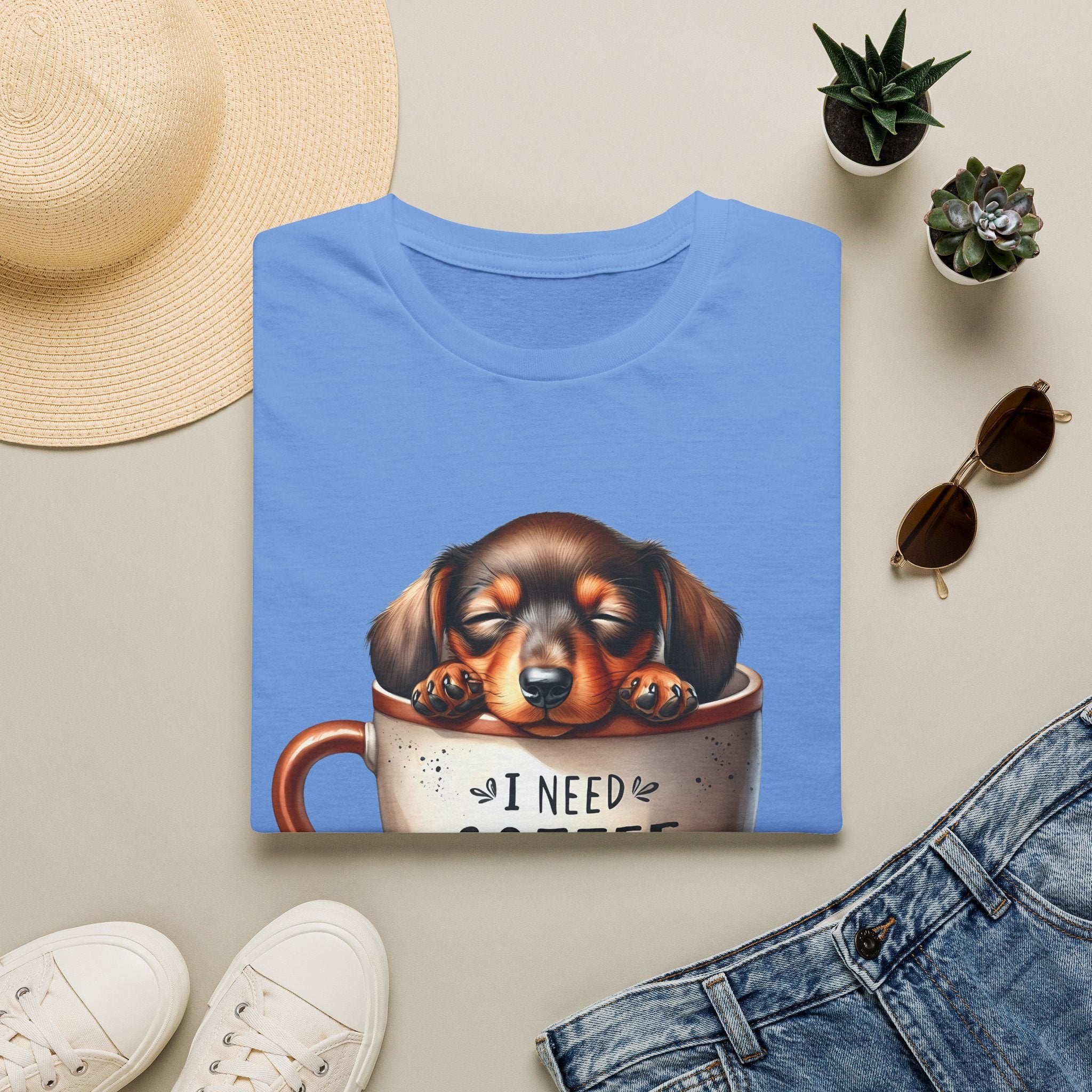 Sleepy Dachshund in Coffee Cup T-Shirt | I Need Coffee, Coffee Beans