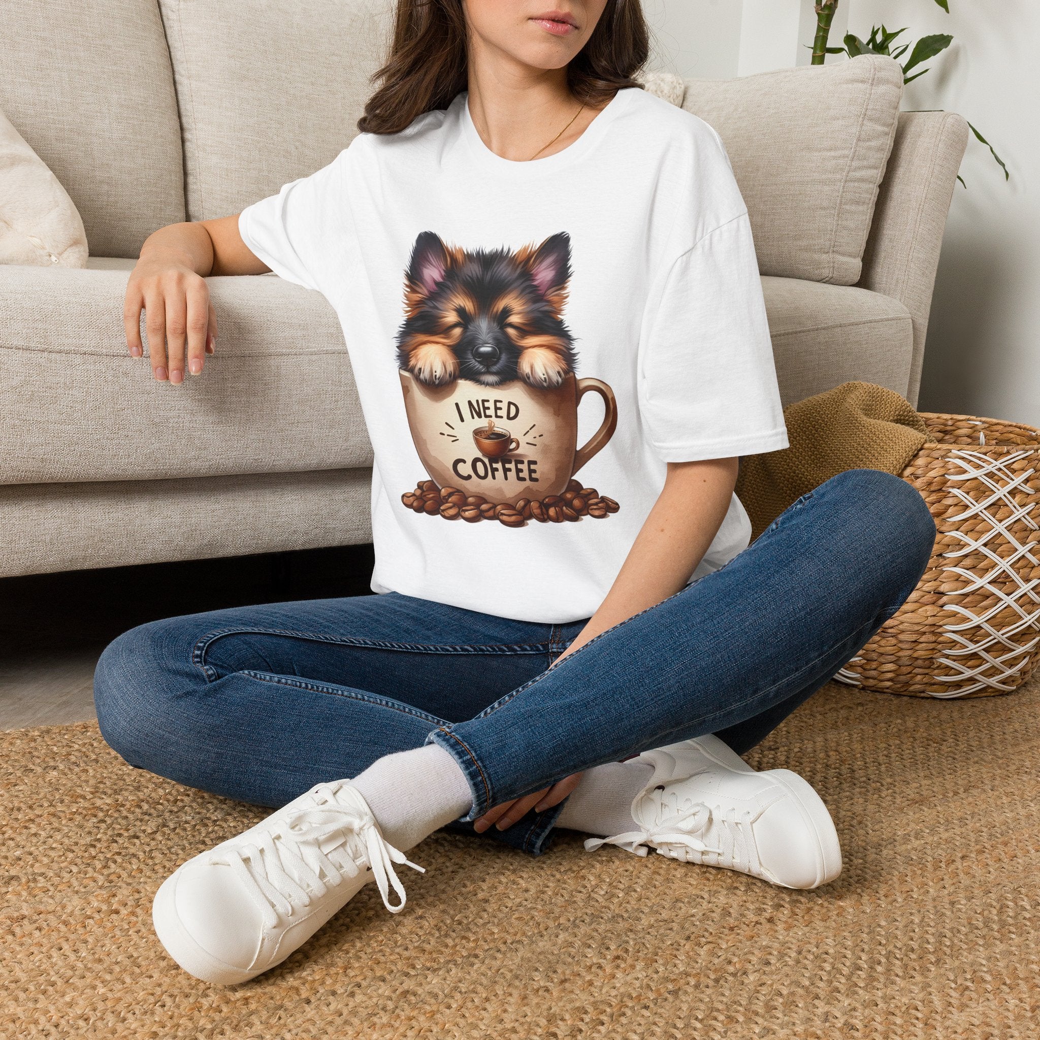 German Shepherd Puppy I Need Coffee T-Shirt | Cute Dog Coffee Design