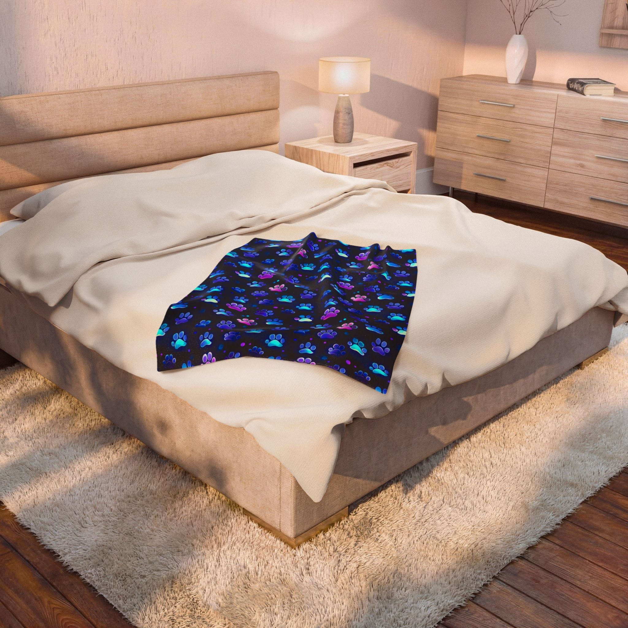 Neon Paw Prints Velveteen Plush Blanket | Blue Purple Gradient Paw Pattern