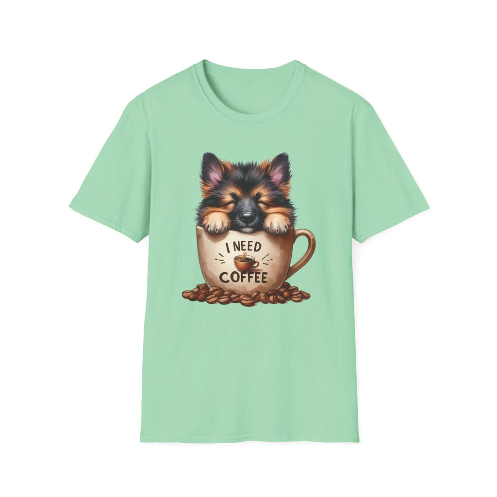 German Shepherd Puppy I Need Coffee T-Shirt | Cute Dog Coffee Design