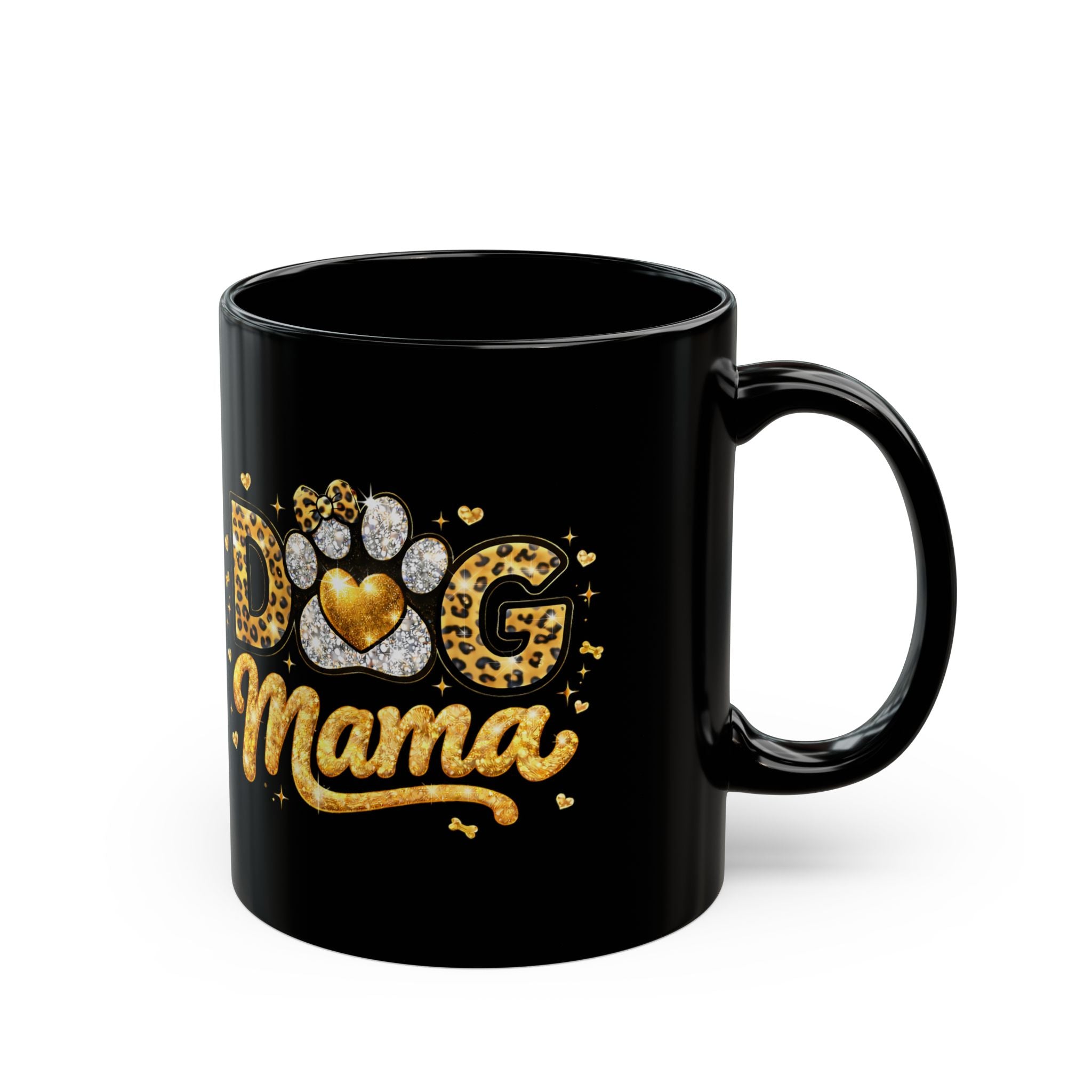 Dog Mama Black Mug | Paw Print Leopard Heart Design