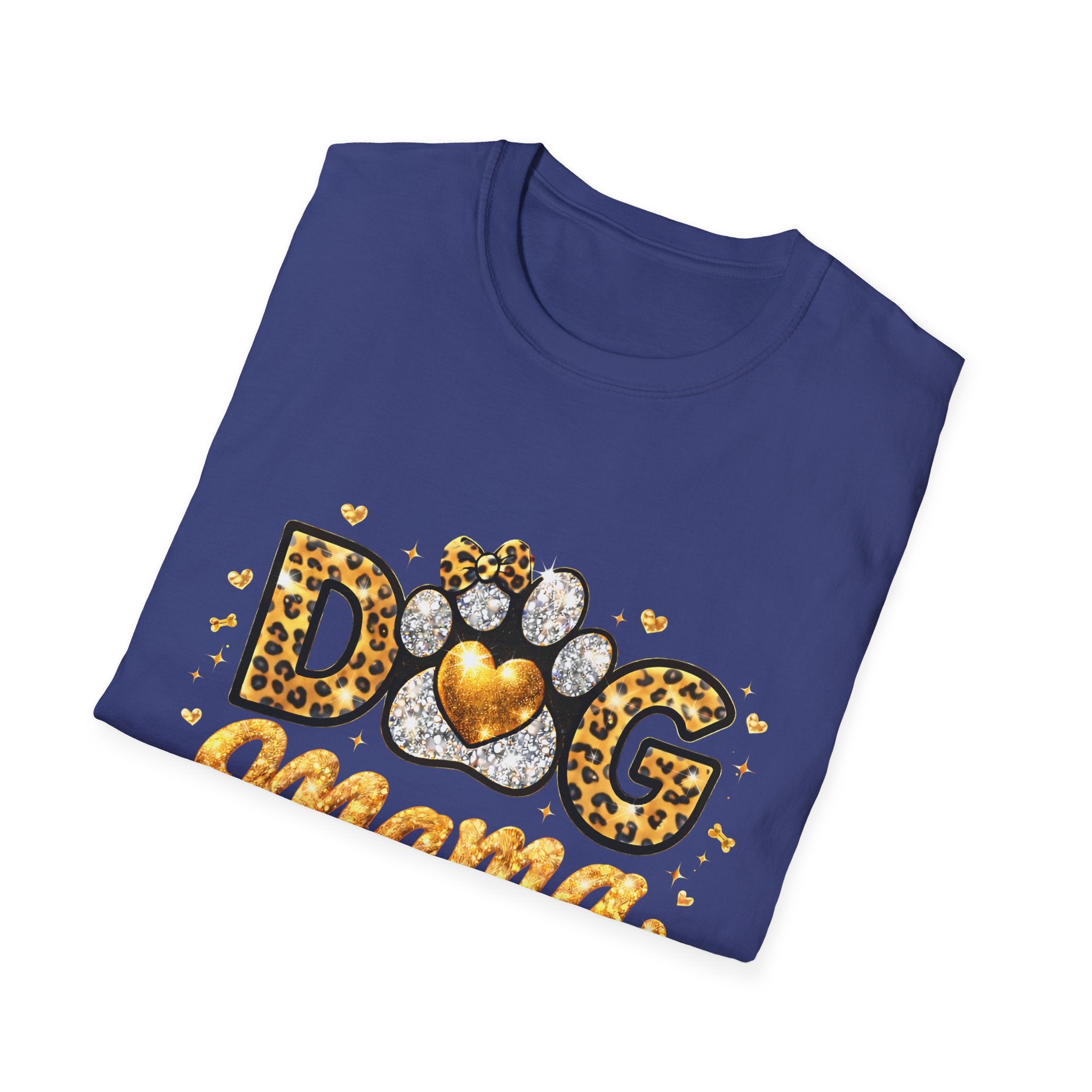 Dog Mama T-Shirt | Leopard Heart Paw Print, Gold Glitter Script