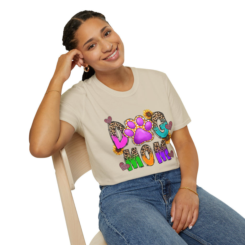 Dog Mom colorful paw print design T-Shirt | leopard hearts sunflower accents