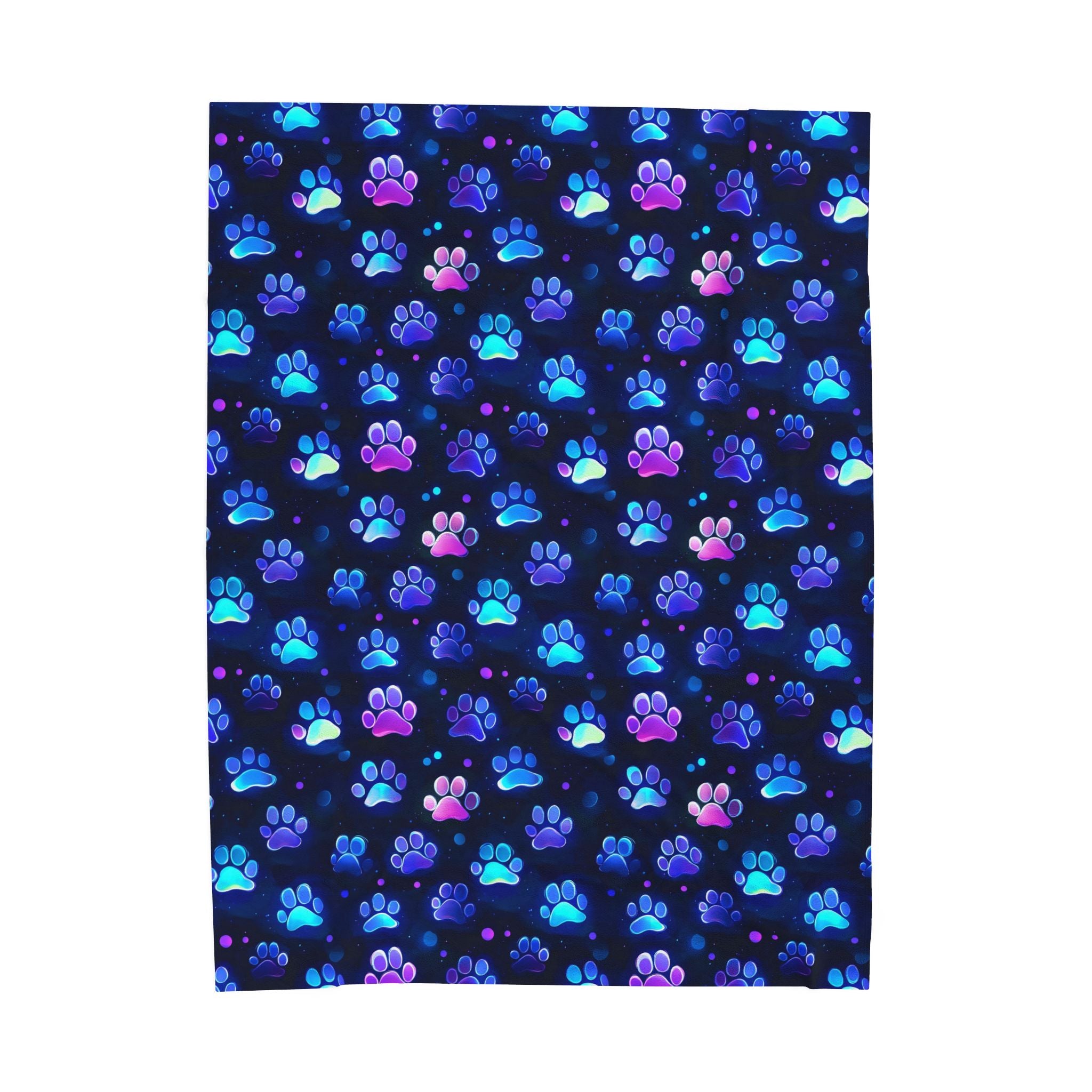 Neon Paw Prints Velveteen Plush Blanket | Blue Purple Gradient Paw Pattern
