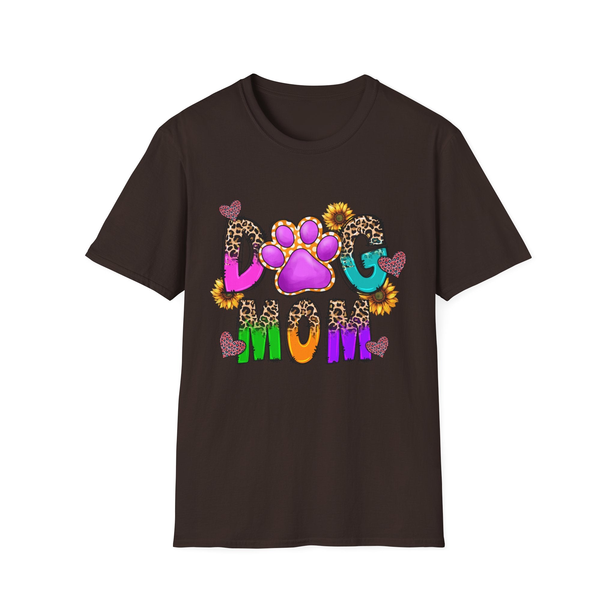 Dog Mom colorful paw print design T-Shirt | leopard hearts sunflower accents