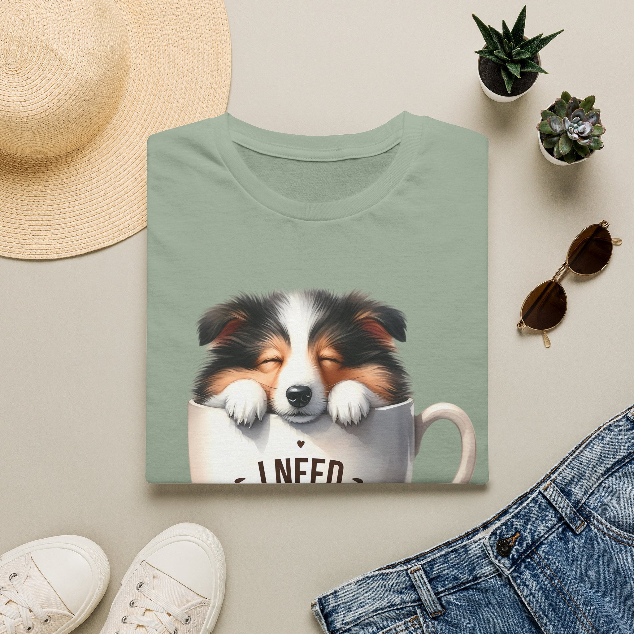 I Need Coffee Dog T-Shirt | Coffee Cup, Shetland Sheepdog Illustration