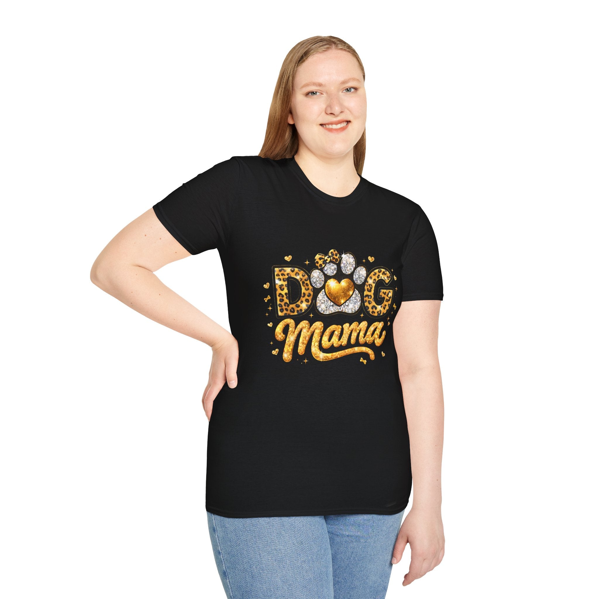 Dog Mama T-Shirt | Leopard Heart Paw Print, Gold Glitter Script