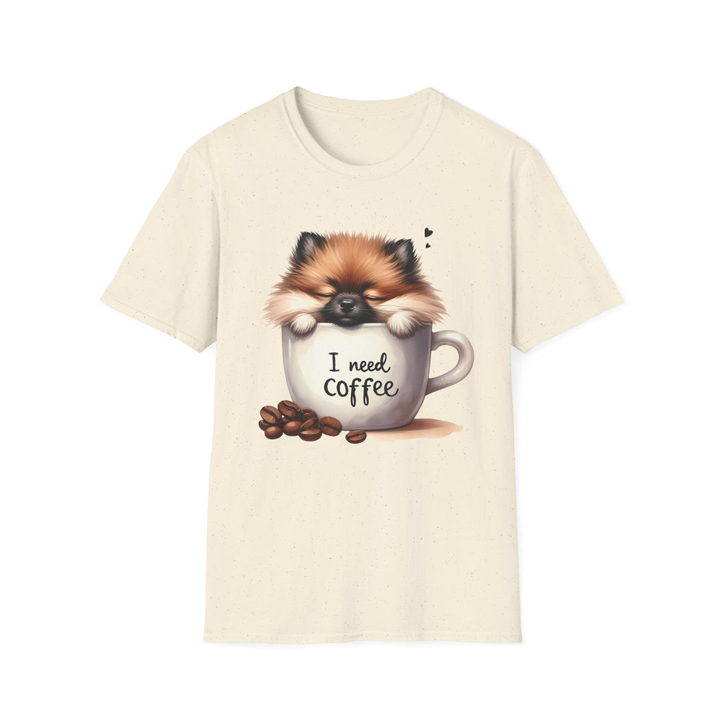 Cute Pomeranian in Coffee Mug T-Shirt | I Need Coffee, Dog Coffee Tee